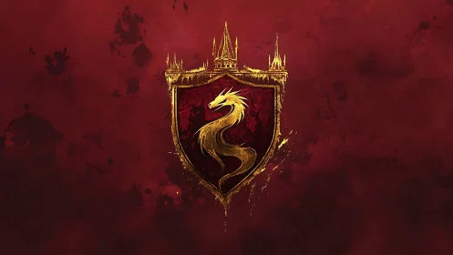Gold dragon crest on red shield with stylized castle above.