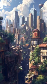 Sunlit future city mingling quiet greenery and bold towers.