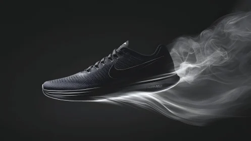 Sleek black running shoe in motion with dynamic smoke effect.