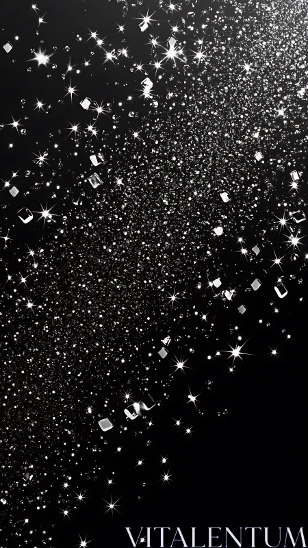 Glittering crystal particle stream on black, high-contrast layout.