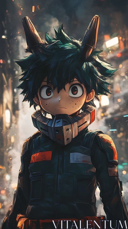 Green haired anime youth in armored suit with horned helm.