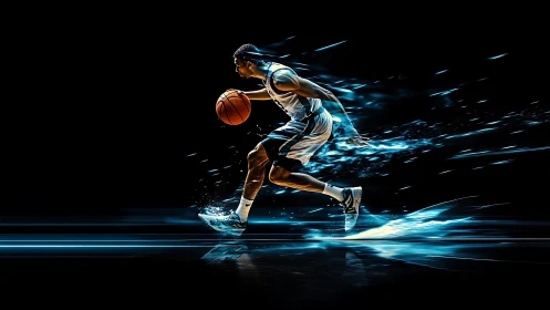 Dynamic basketball sprint with neon motion trails on black.