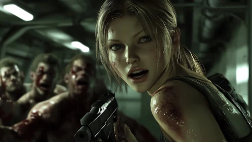 Cinematic 3D survivor portrait in claustrophobic corridor lighting.