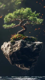Floating bonsai oasis glowing softly in calm twilight sky.