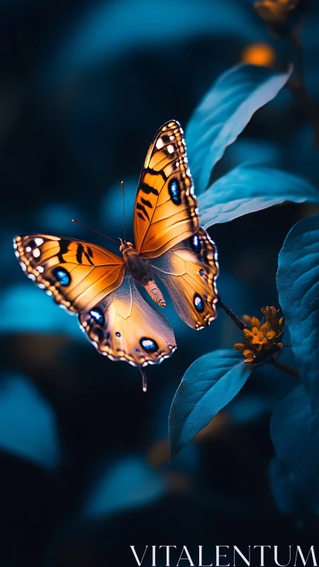 Golden butterfly on teal foliage in soft bokeh glow.