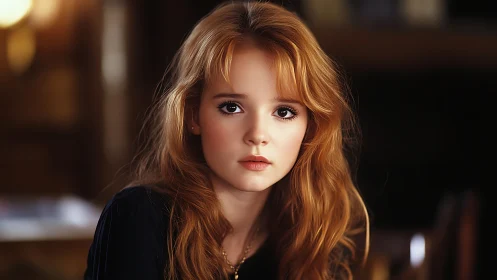 Soft-lit portrait captures a red-haired girl in quiet reflection