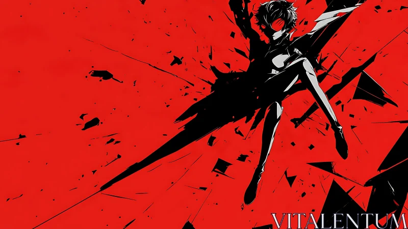 Dynamic masked figure in red and black shattering space.