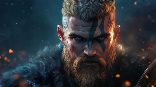 Fierce viking warrior gazes ahead with firelit resolve.