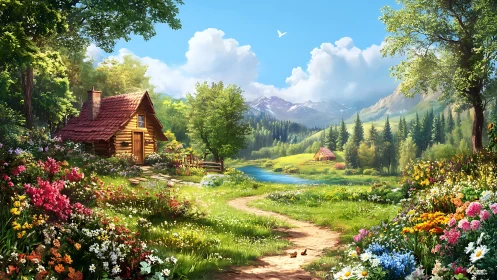 Rural river landscape with cabins, flowers, and mountains.