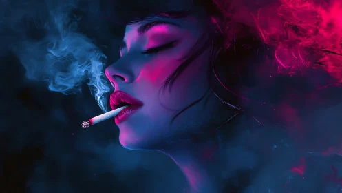 Neon-lit reverie of a smoking siren in electric dusk.