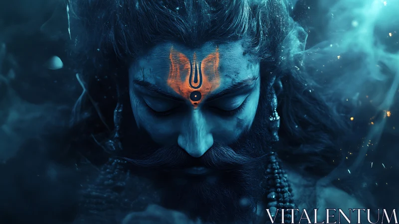 Cosmic ascetic in sapphire smoke and embered forehead sigil.