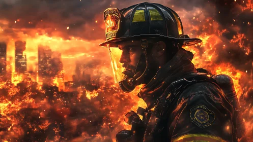 Firefighter Standing Amid Intense Inferno and Urban Devastation
