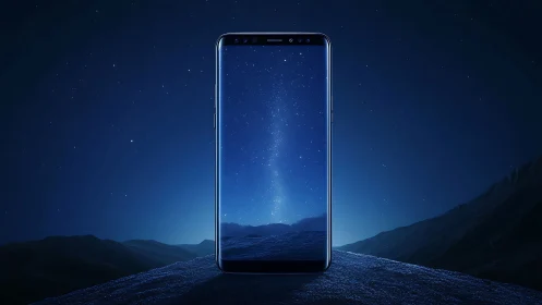 Smartphone displays starlit mountain landscape at night.