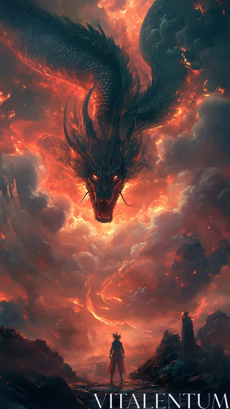 Warrior confronts colossal fire dragon in stormy sky.