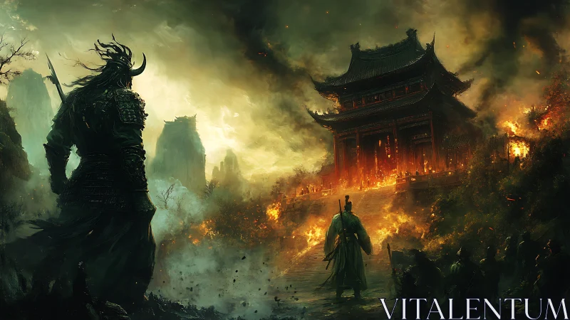 Stormlit warriors confront a burning temple in a fiery valley