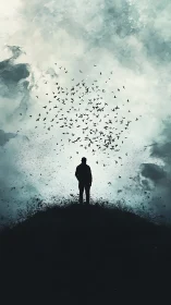 Silhouette atop ridge beneath turbulent avian vortex sky.