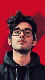Stylized portrait of man in hoodie on bold red backdrop.