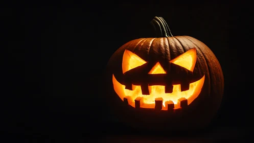 Jack-o-lantern glows in low-key cinematic Halloween lighting.