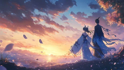 Anime sunset panorama with robed couple in flowing silhouettes.
