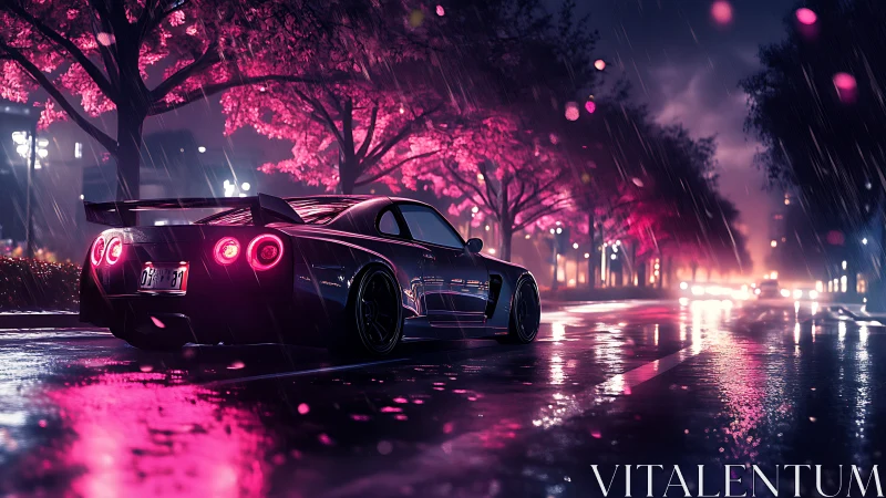 Neon sports car cruising through rainy sakura boulevard.