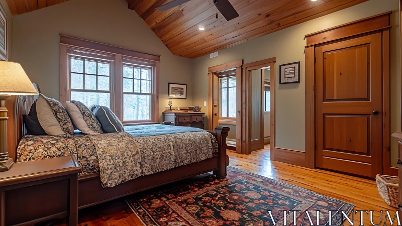 Rustic bedroom showcases warm wood trim and patterned textiles