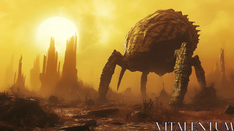 Gigantic alien crab stalks a ruined, sun-scorched wasteland.