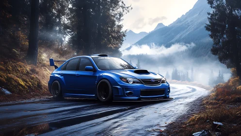 Photorealistic blue rally sedan on misty alpine switchback road.
