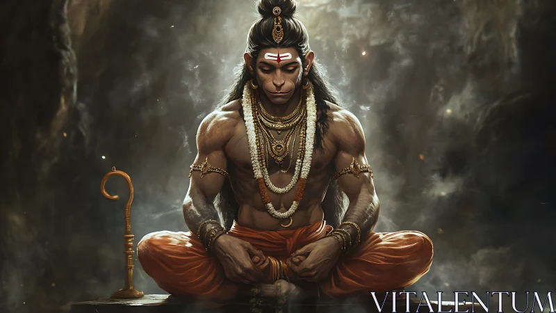 Meditating warrior monkey god in smoky golden cave stillness.