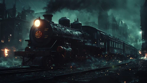Steam locomotive cuts through a moody, rain-soaked city night.