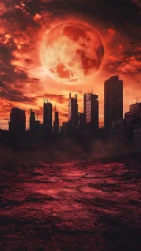 Urban skyline under oversized red moon and clouds.