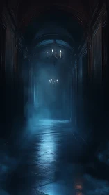 Dim corridor shows chandeliers, arched ceiling and floor haze