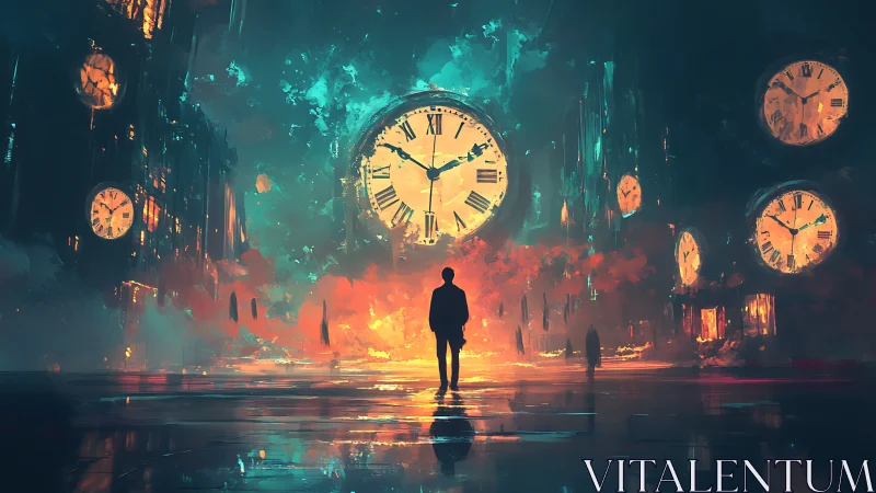 Midnight wanderer moves gently through a glowing time storm