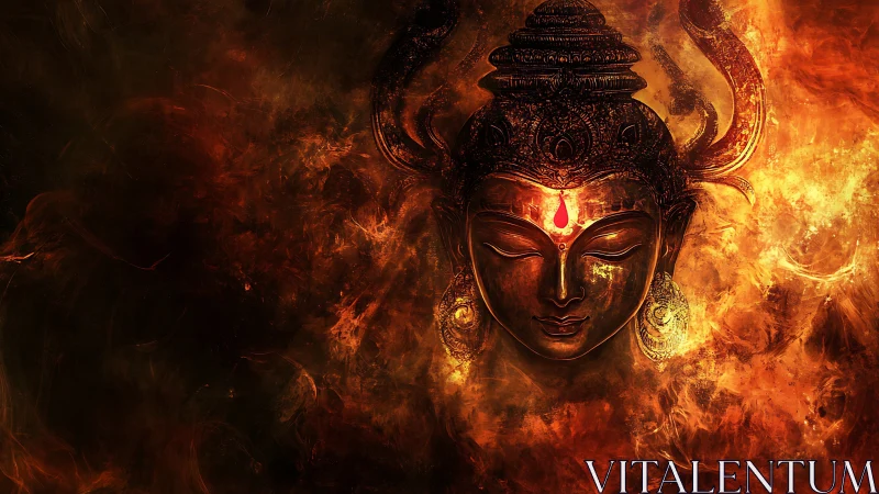 Bronze deity face emerges from turbulent fractal firefield background