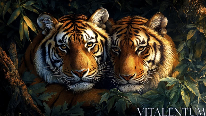 Twin Tigers Emerge: Golden Predators Locked in Woodland Gaze