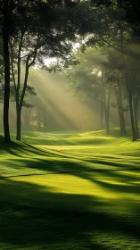 Sunlight penetrates forest canopy onto contoured fairway
