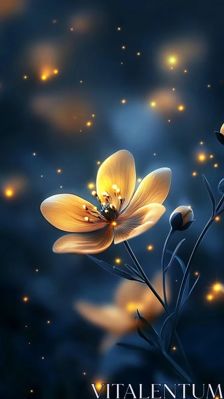 Firefly-kissed blossom humming gently in midnight blue.