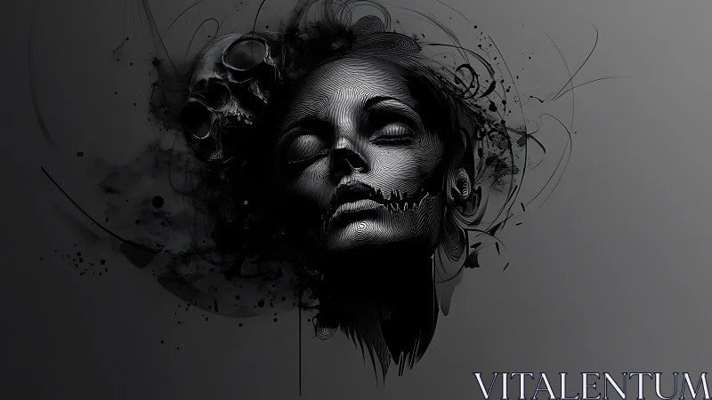 Female face merges with skull in monochrome abstract digital art
