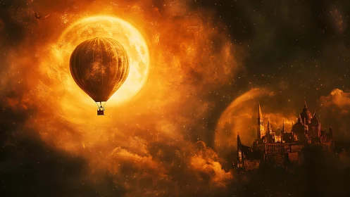 Hot air balloon near luminous moon and distant castle.