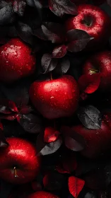 Crimson orchard dreaming in ink-dark leaves and cool dew.