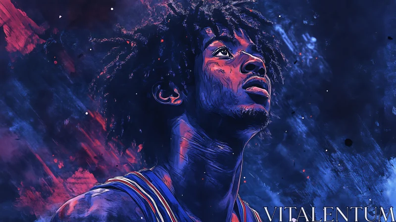 Electric portrait of focused basketball player in neon hues.
