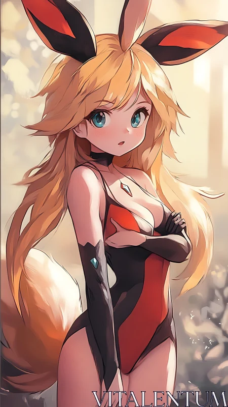 Fox-eared anime girl in black and red bodysuit portrait.