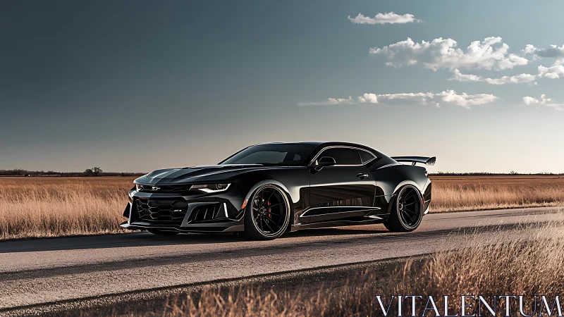 Black widebody track-spec muscle coupe on rural highway at dusk