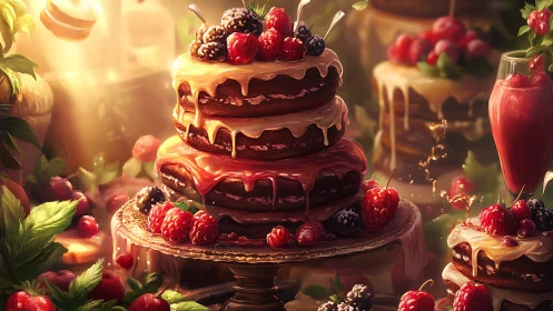 Three-tier chocolate cake with berries and caramel drip on gold stand