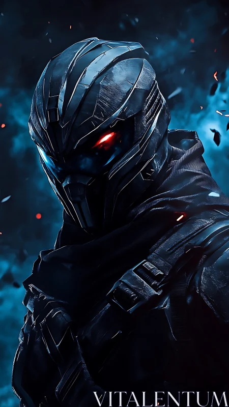 Cybernetic vigilante in dual-glow visor amid embers.