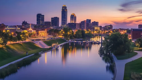 Dusk-illuminated riverside skyline with mirrored luminosity.