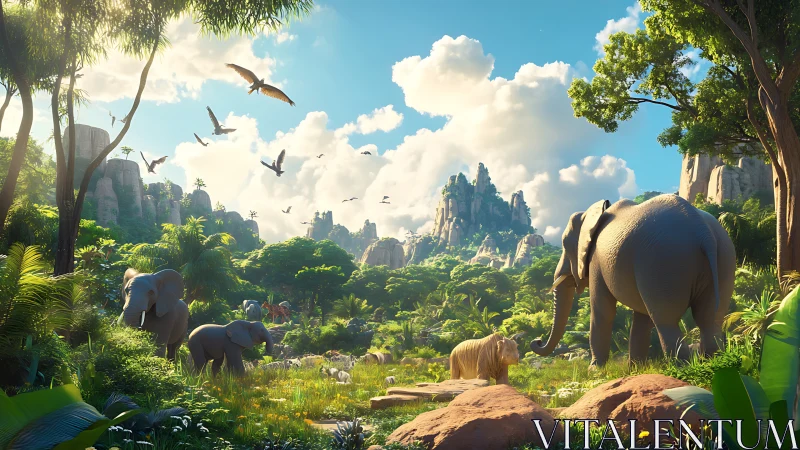 Elephants wander a sunlit fantasy jungle of soaring cliffs