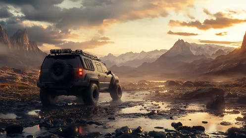 Off road SUV crossing wet rocky valley at golden sunset.