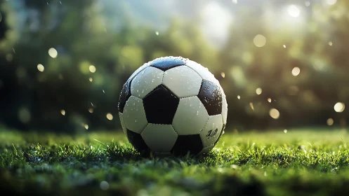 Soccer ball rests on wet grass under soft backlit rain