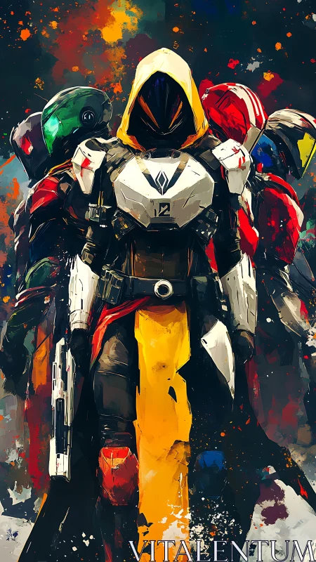 Futuristic armored squad strides through abstract battlefield.