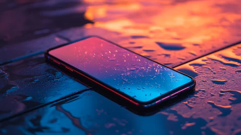 Neon rainlit smartphone dreaming on electric city tiles.